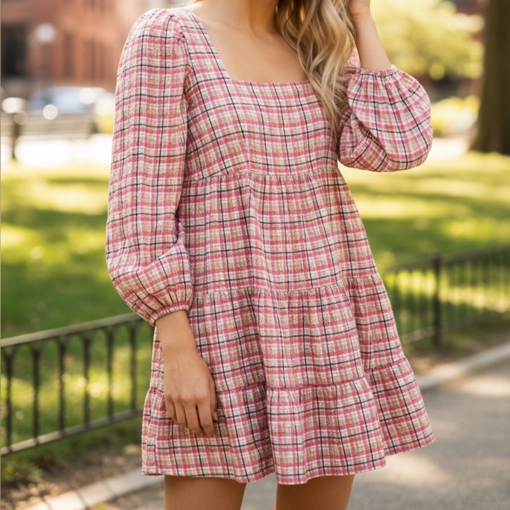 Topshop Pink Plaid Puff Long Sleeve Dress